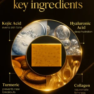 Alisanda™ soap : Rich in Vitamin C, retinol, collagen, and turmeric—a Japanese-made complex formula, fortified with hyaluronic acid and Vitamin E.