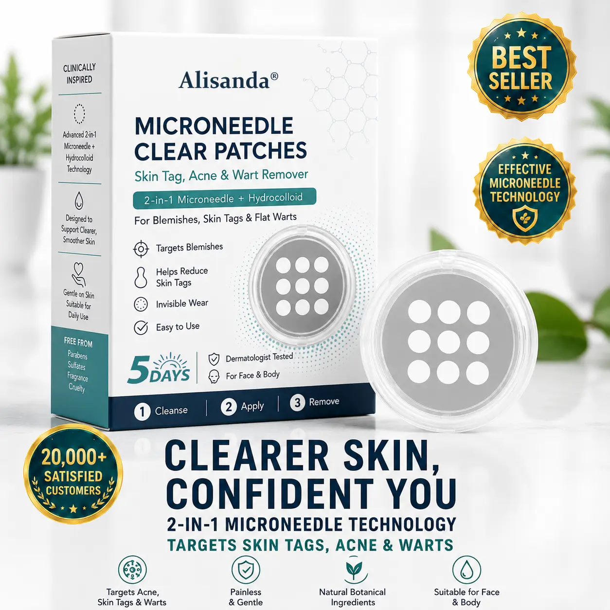 Alisanda®2-in-1 Microneedle & Hydrocolloid Patch🍀| Removes Raised Moles, Acne, Flat Warts & Skin Tags
