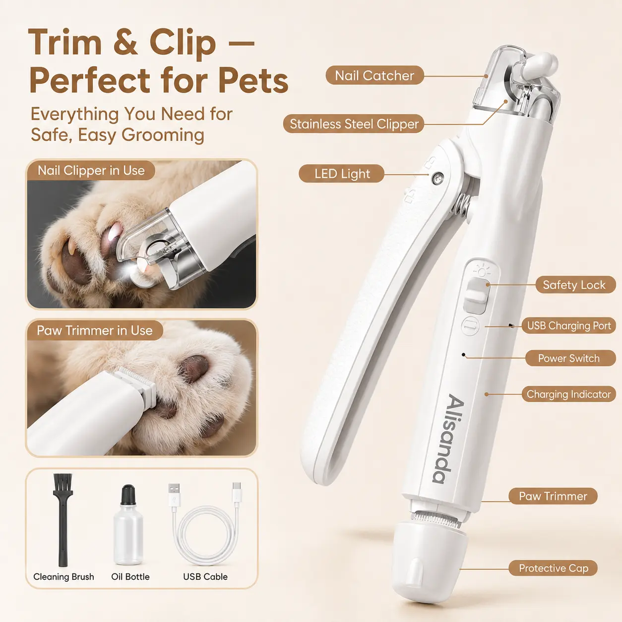 Alisanda 2-in-1 Dog Nail Clipper & Paw Hair Trimmer Kit with LED Light – Rechargeable Low-Noise Pet Grooming Tool for Dogs & Cats