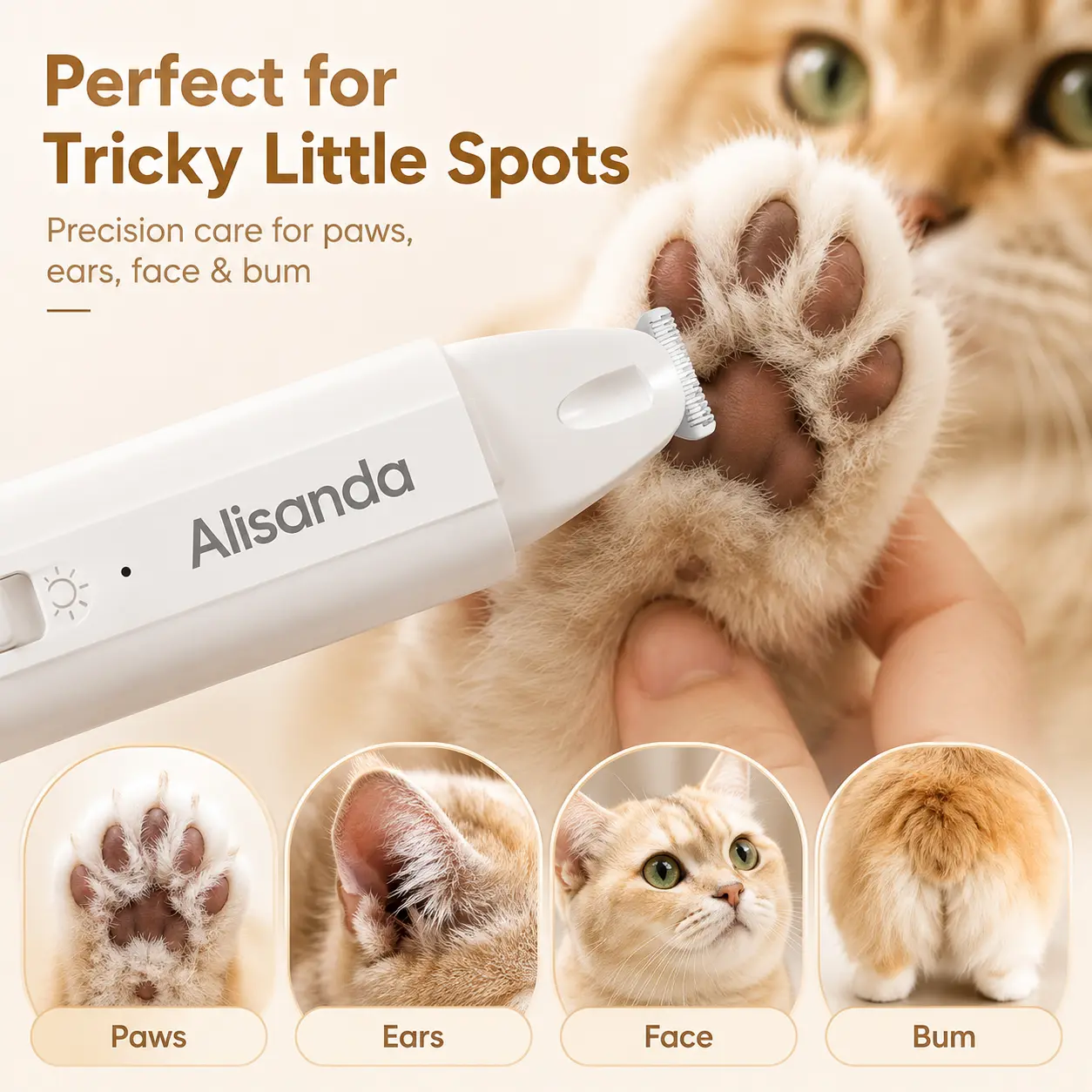 Alisanda 2-in-1 Dog Nail Clipper & Paw Hair Trimmer Kit with LED Light – Rechargeable Low-Noise Pet Grooming Tool for Dogs & Cats