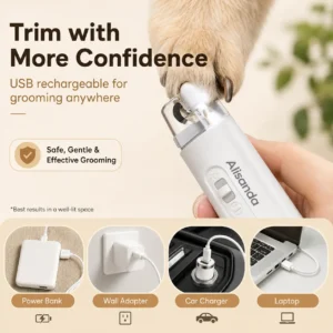Alisanda 2-in-1 Dog Nail Clipper & Paw Hair Trimmer Kit with LED Light – Rechargeable Low-Noise Pet Grooming Tool for Dogs & Cats