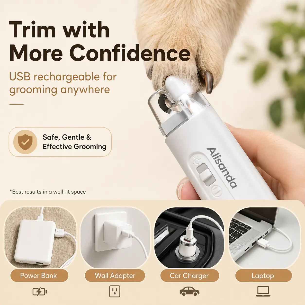 Alisanda 2-in-1 Dog Nail Clipper & Paw Hair Trimmer Kit with LED Light – Rechargeable Low-Noise Pet Grooming Tool for Dogs & Cats