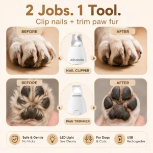 Alisanda 2-in-1 Dog Nail Clipper & Paw Hair Trimmer Kit with LED Light – Rechargeable Low-Noise Pet Grooming Tool for Dogs & Cats