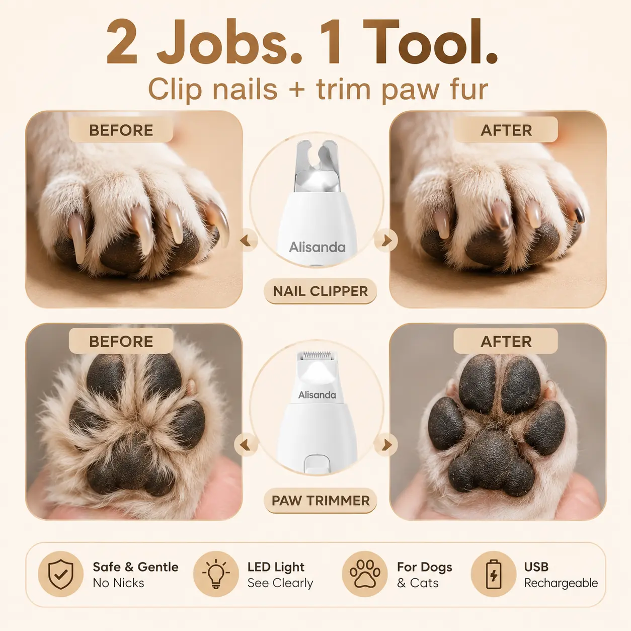 Alisanda 2-in-1 Dog Nail Clipper & Paw Hair Trimmer Kit with LED Light – Rechargeable Low-Noise Pet Grooming Tool for Dogs & Cats