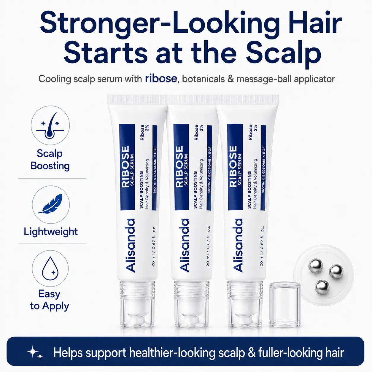 ✨Alisanda RIBOSE Scalp Serum Roll-On for Fuller-Looking Hair – Lightweight Rosemary & Caffeine Scalp Care for Fine, Thin-Looking Hair
