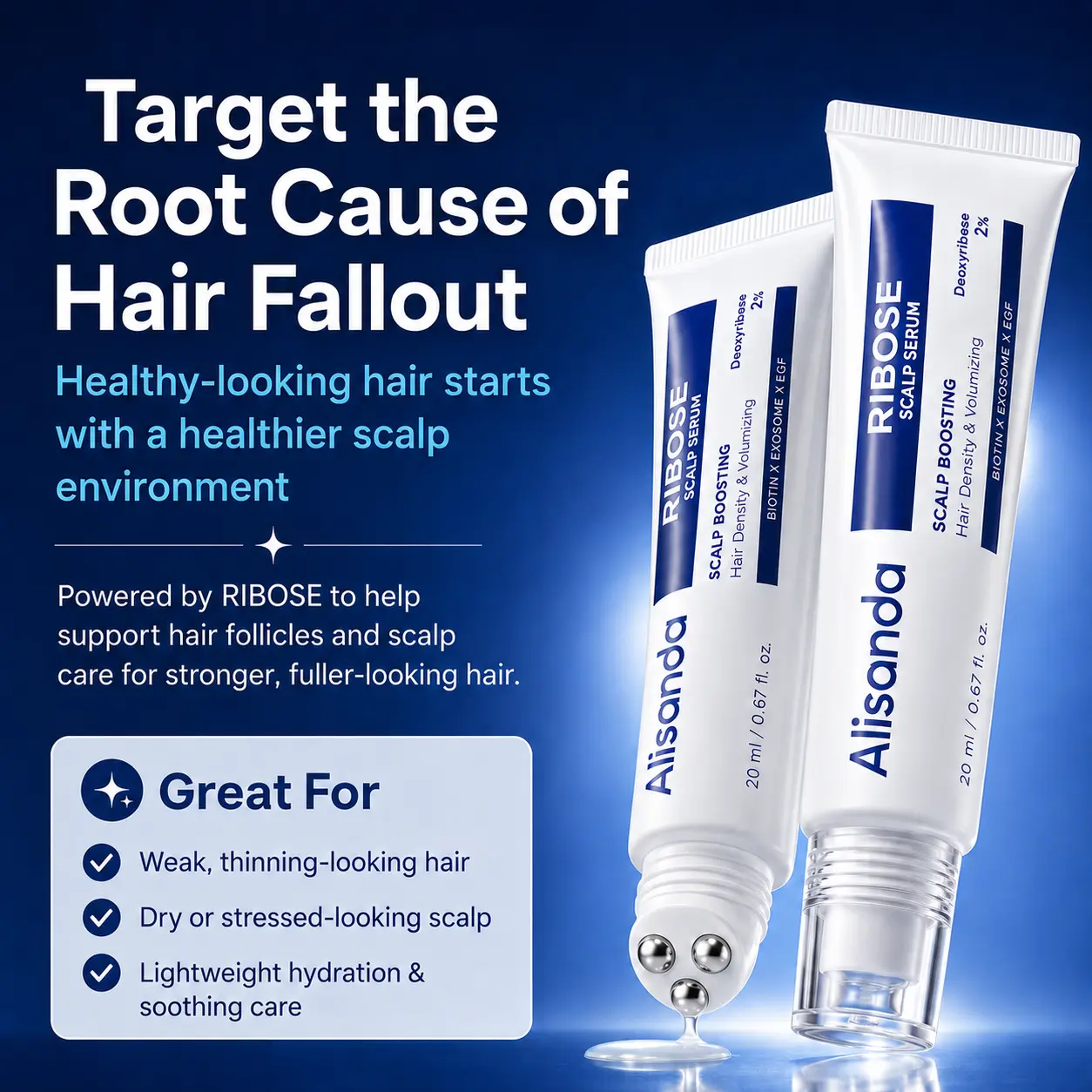 ✨Alisanda RIBOSE Scalp Serum Roll-On for Fuller-Looking Hair – Lightweight Rosemary & Caffeine Scalp Care for Fine, Thin-Looking Hair