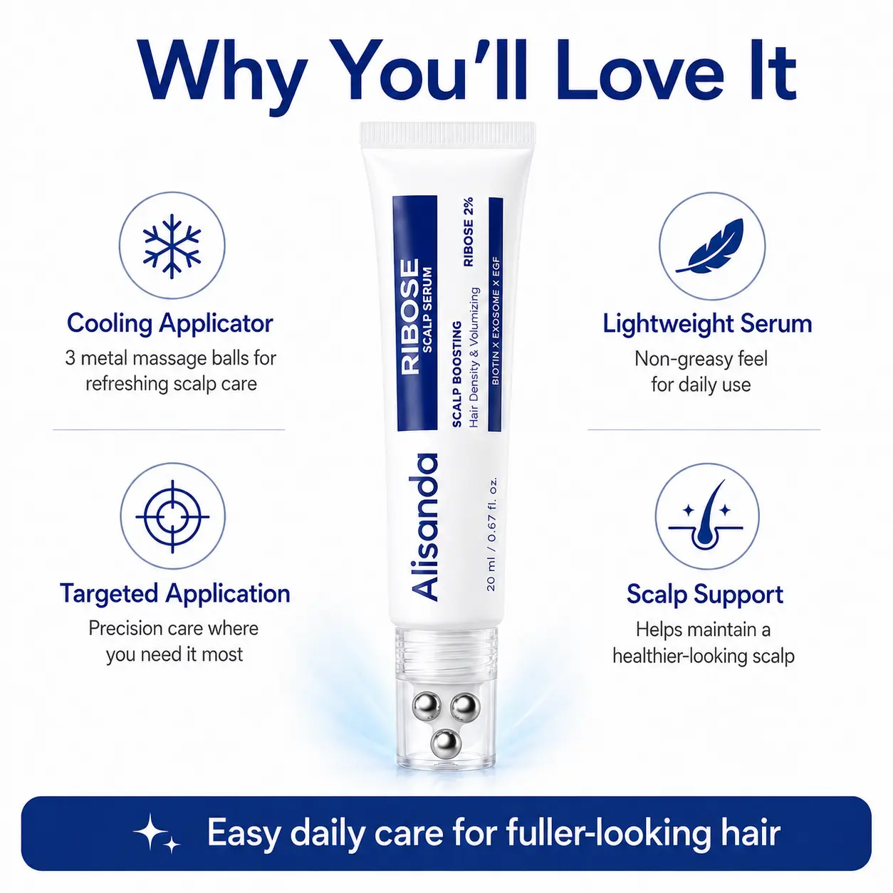✨Alisanda RIBOSE Scalp Serum Roll-On for Fuller-Looking Hair – Lightweight Rosemary & Caffeine Scalp Care for Fine, Thin-Looking Hair