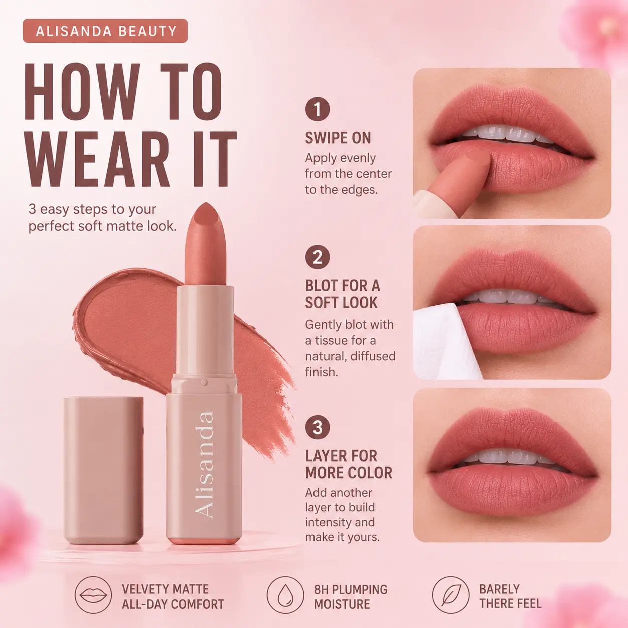 Alisanda Serum Lipstick – Satin & Matte Lip Color with Hyaluronic Acid, Oil-Blend Formula, 8H Moisture